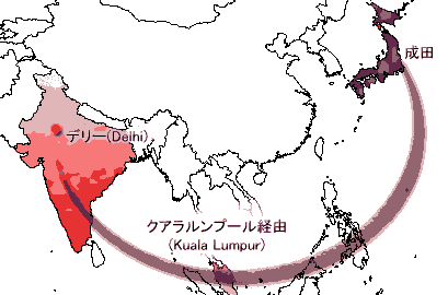 地図: 成田～ニューデリー